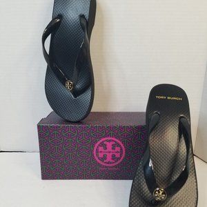 New! Tory Burch Women’s Black Cut Out Wedge Flip Flops Size US 8 New with Box